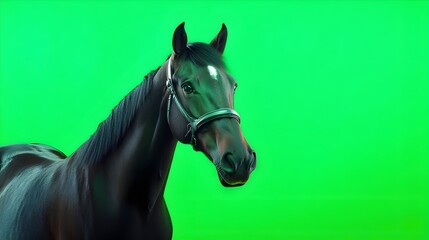 Obraz premium Portrait of a horse on a green background in the studio. Horse with green screen, chroma screen background image. Horse Studio photo, image . Concept for animal, zoology and capture for adverb. banner