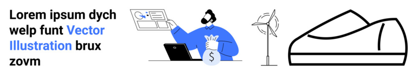 Man analyzing growth charts, holding a bag of money next to a laptop, wind turbine, and shoe. Ideal for business, finance, technology, innovation, eco-friendliness, sustainability, e-commerce