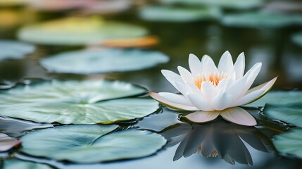 Stunning white lotus flower floating on calm pond water with green lily pads