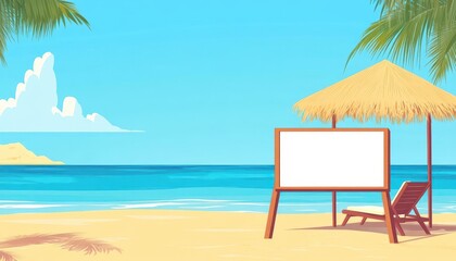 Obraz premium Sunny beach with blank cabana sign, ready for message or branding, travel template, beach retreat