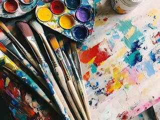 Obraz premium Vibrant Art Supplies and Splattered Palette for Creative Expression