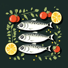 Simple flat illustration of fish on the table with lemon and tomato slices.