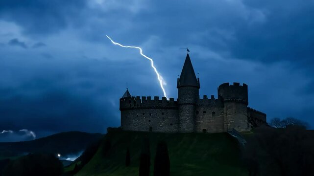 Approaching storm brings dramatic lightning strikes over a medieval castle perched on a hill, set against a backdrop of dark clouds and an ominous evening sky