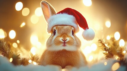 Festive bunny in santa hat surrounded by holiday lights and pine branches