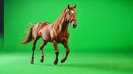 Obraz premium Portrait of a horse on a green background in the studio. Horse with green screen, chroma screen background image. Horse Studio photo, image . Concept for animal, zoology and capture for adverb. banner
