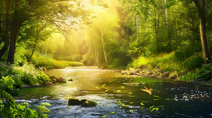 Obraz premium Sunlit Forest with River, Lush Vegetation, and Wildlife in Water 