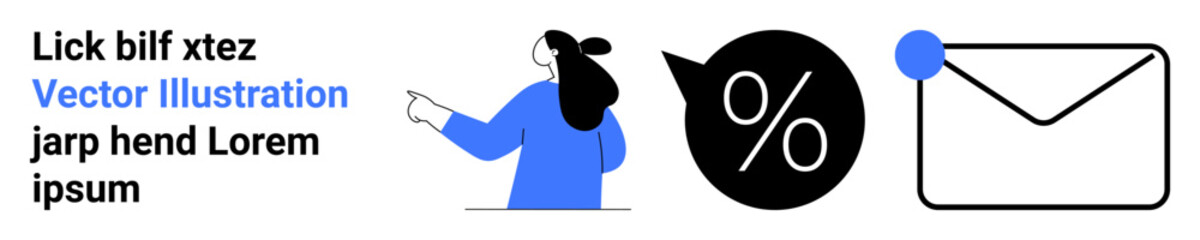 Woman pointing right, black percentage symbol in a speech bubble, envelope with blue notification dot. Ideal for business communication, sales marketing, notifications, email marketing, customer