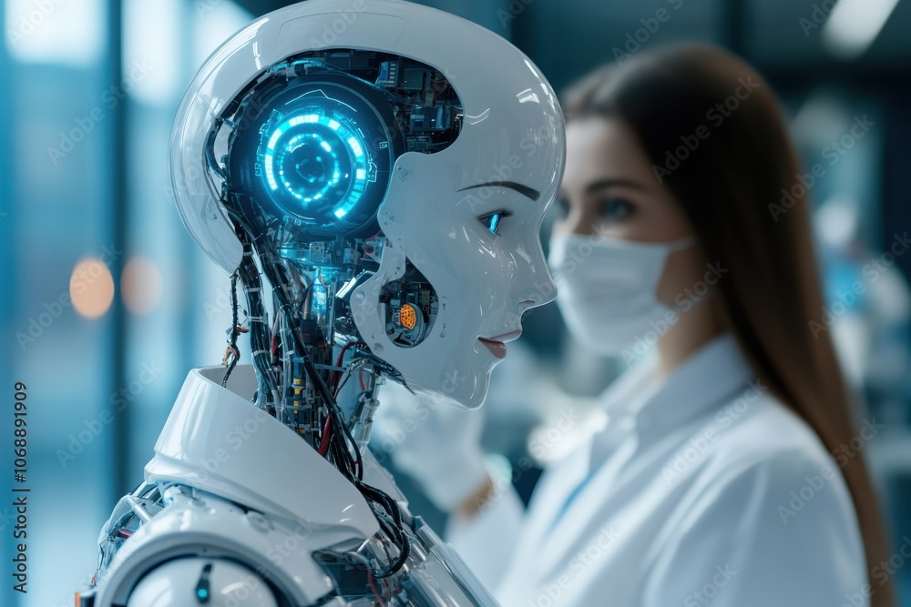 Poster a humanoid robot interacts with a scientist in a modern lab setting during daylight hours