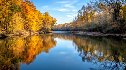 Autumnal reflections dance on the tranquil lake, mirroring the vibrant hues of the forest