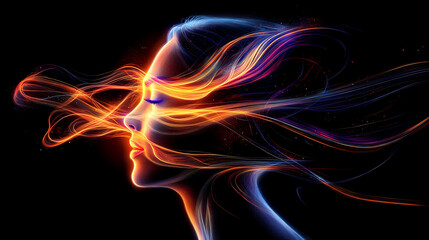 A woman with glowing light trails flowing from her face symbolizes the ethereal connection between thought and energy representing the fluid nature of ideas in a cosmic context. Cosmic. Illustration