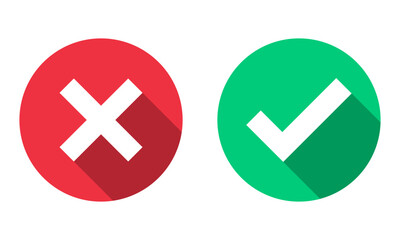 Green check mark, red cross sign with long shadow, checkbox list vector icon, checklist signs in round shapes. Green tick and red x, cross checkmark buttons isolated on white background