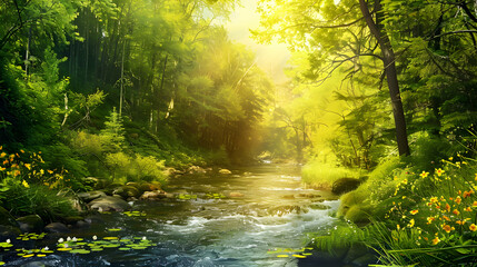 Fototapeta premium Tranquil Forest River Scene with Sunlight Filtering Through Trees 