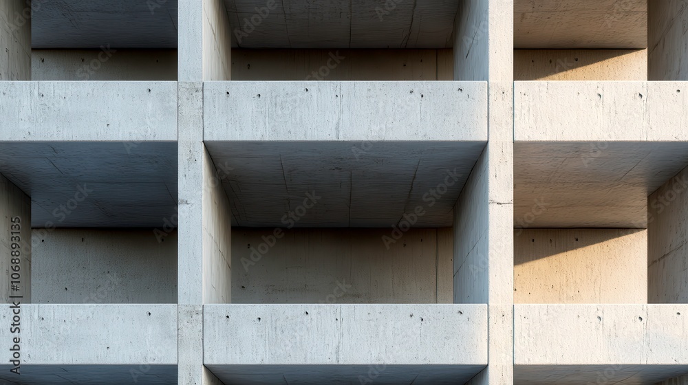 Poster A concrete wall with a grid pattern of square recesses, showcasing a minimalist architectural design.