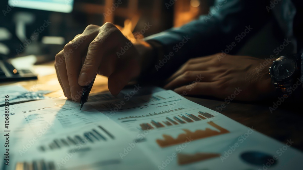 Poster A macro photograph of a professional's hand, focusing on charts with market, balance and profit data to identify new sales strategies and increase production.