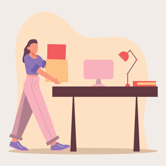 Flat Design Illustration of Woman Organizing Workspace, Carrying Boxes in Office Setting. Vector Art Representing Office Setup, Workplace Organization, and Productivity. Ideal for Content on Office Li
