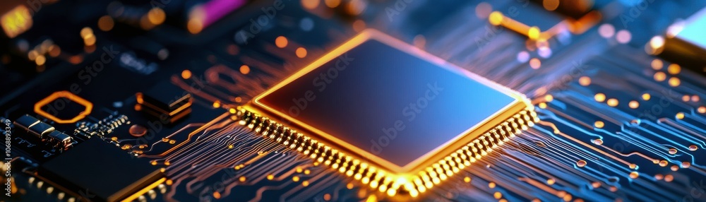 Leinwandbilder a close-up of a microchip on a circuit board, showcasing intricate details and glowing elements, hig