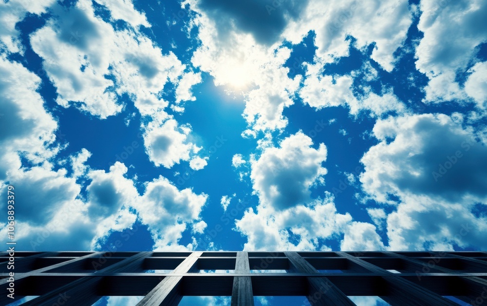 Poster a striking view of a vibrant blue sky filled with fluffy clouds, observed from the perspective of a 