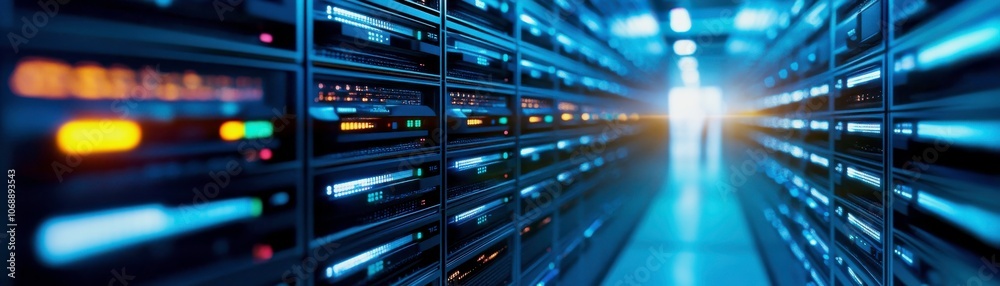 Leinwandbilder a modern data center corridor illuminated by vibrant lights, showcasing server racks and high-tech i