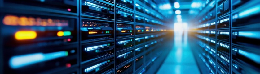 A modern data center corridor illuminated by vibrant lights, showcasing server racks and high-tech infrastructure.
