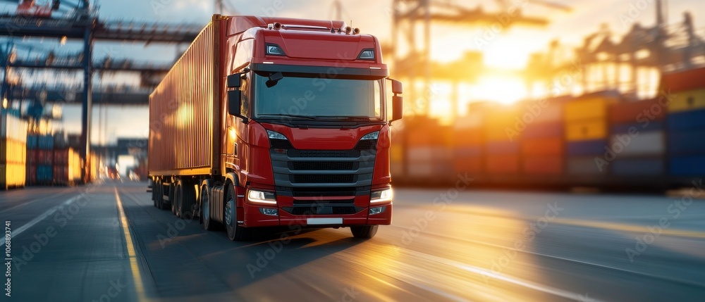 Poster a red truck is seen transporting cargo against a backdrop of shipping containers and a sunset in a b