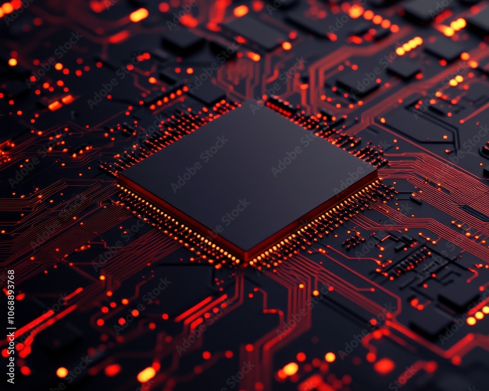 Aufkleber A detailed close-up of a circuit board with a dark theme, featuring vibrant red lights and a central processing unit.