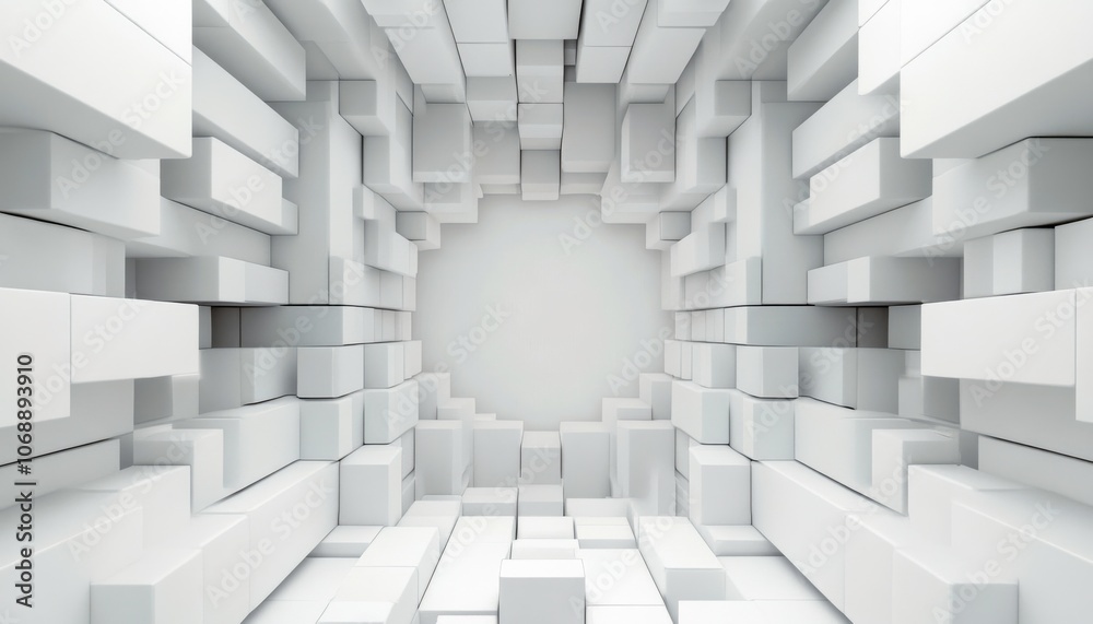 Poster A minimalist 3D space featuring white geometric blocks forming a tunnel-like structure, creating a clean and modern aesthetic.