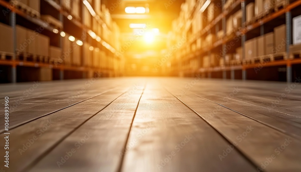 Poster A warehouse interior with stacked boxes, illuminated by golden sunlight entering from the distance, creating a warm and inviting atmosphere.