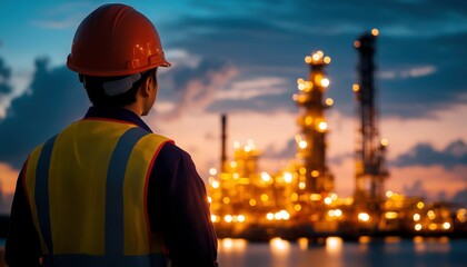 A worker in safety gear observes an industrial plant at dusk, symbolizing the energy sector's significance and the importance of safety in operations.
