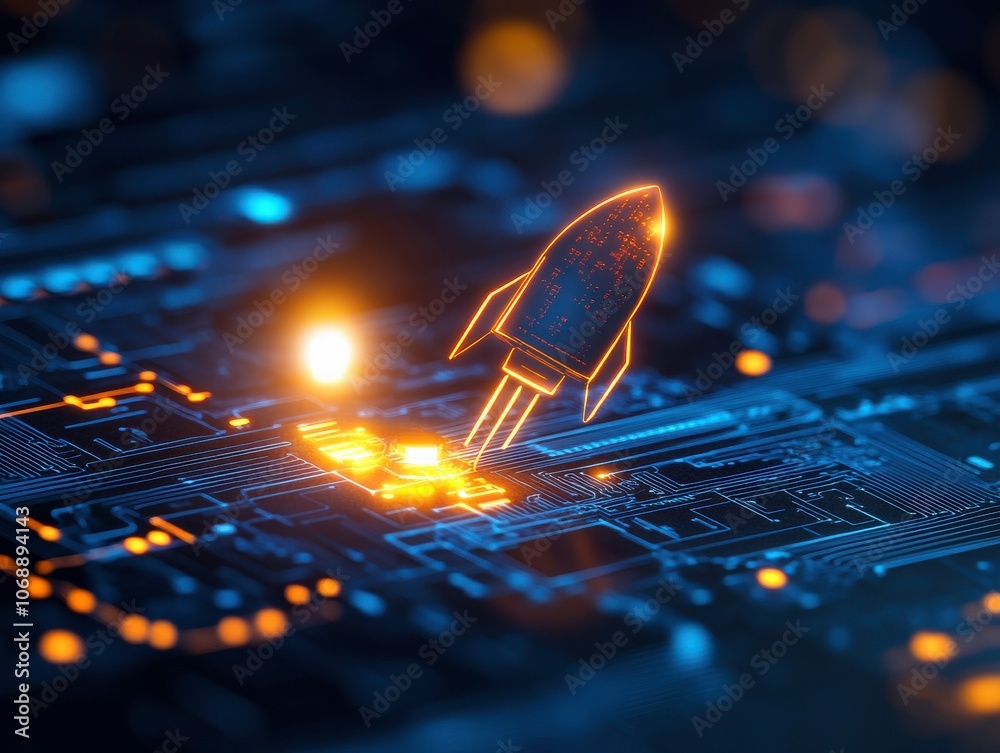 Fototapete a glowing rocket ascends from a microchip, symbolizing innovation and technology in a digital univer