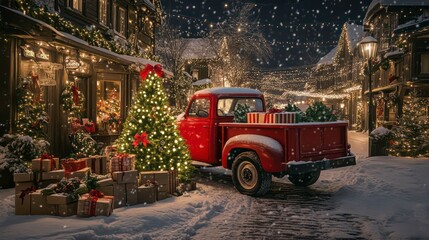 A cozy winter scene featuring a vintage truck, festive decorations, and falling snow.