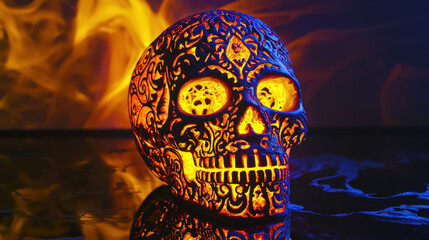 Colorful sugar skull glowing in dark with intricate designs, creating vibrant and mystical atmosphere. Perfect for Halloween or Day of Dead celebrations