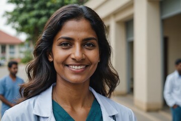 Close portrait of a smiling 40s Sri Lankan woman doctor looking at the camera, Sri Lankan hospital blurred background