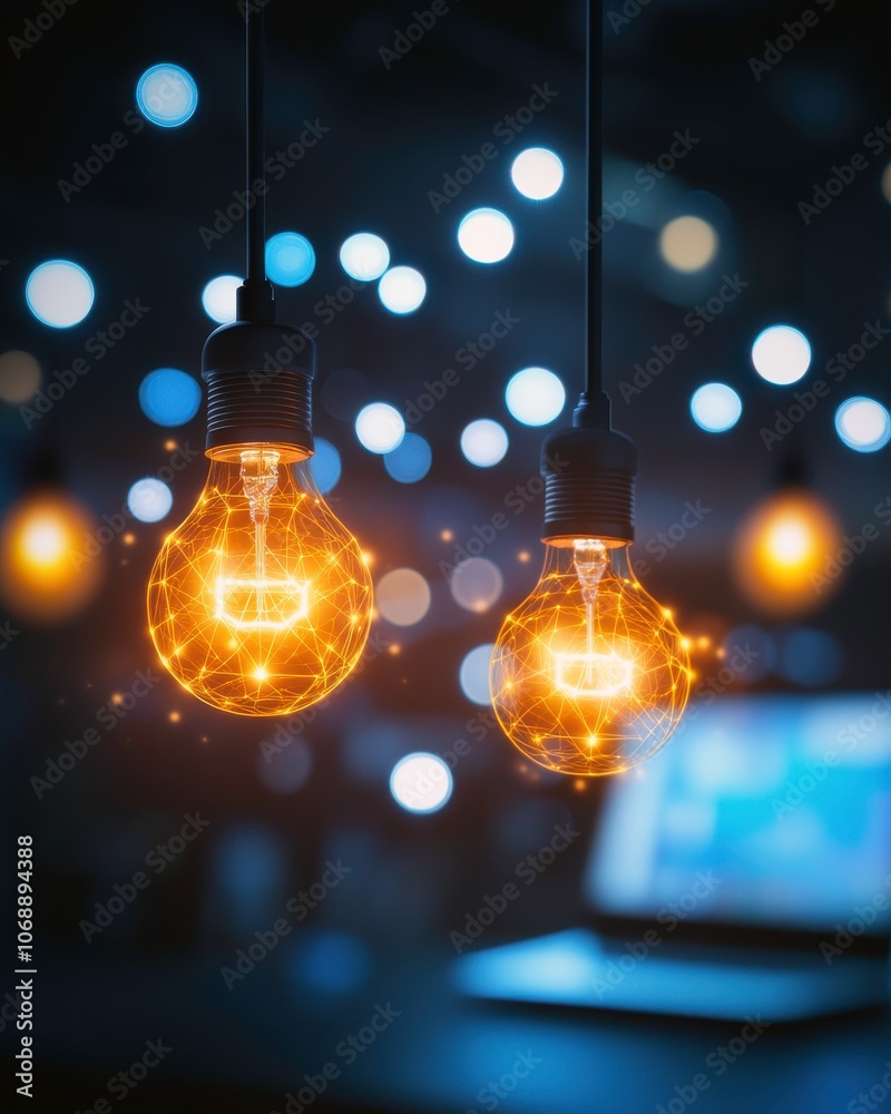 Poster a close-up of glowing light bulbs against a blurred background of soft, colorful bokeh lights, creat