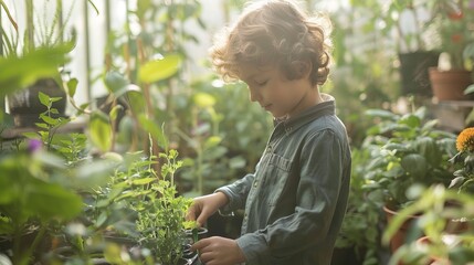 Obraz premium A young boy with curly hair carefully tends to plants in a greenhouse.