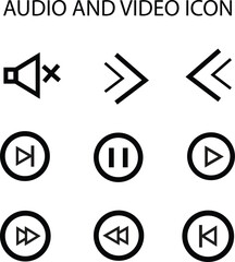  A set of audio and video player icons in a minimalist style that  include play, pause, rewind, fast forward, mute and so on