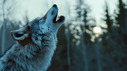 Naklejka premium A lone gray wolf, a majestic predator, stands tall in a snow-covered winter forest