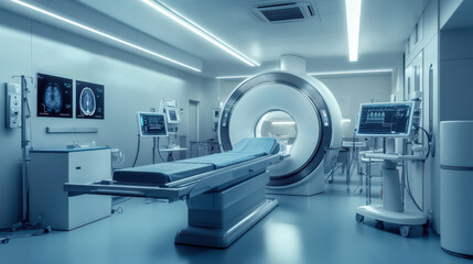 Futuristic medical room with advanced MRI and high-tech equipment