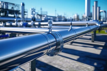 Industrial pipes with water flow at power plant under clear sky