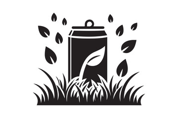 Soda Can In Grass With Leaf Vector Art Illustration