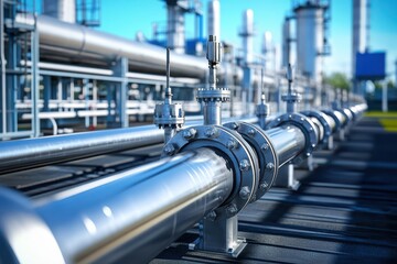 Industrial pipes with water flow at power plant under clear sky