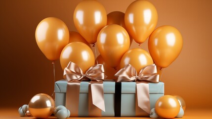 Brightly packaged gift box with satin bow and balloons on an orange backdrop, perfect for festive occasions and gifting needs.