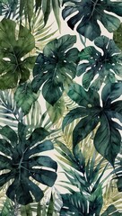Obraz premium Tropical Green Leaf Pattern with Monstera and Palm Leaves, Phone Wallpaper 