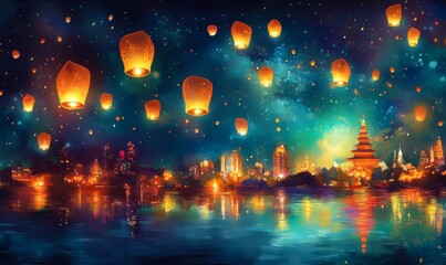 Fototapeta premium City skyline with glowing lanterns reflecting in water.
