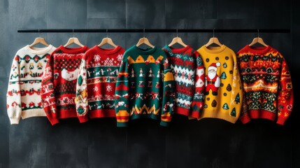 Row of ugly Christmas sweaters with holiday designs, Santa and snowflakes, hanging on wooden hangers
