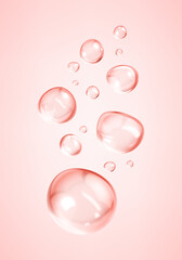 Realistic pink serum drops. Liquid drops, serum, gel, vitamin or collagen. Skincare transparent bubbles.  Beauty product. Realistic vector