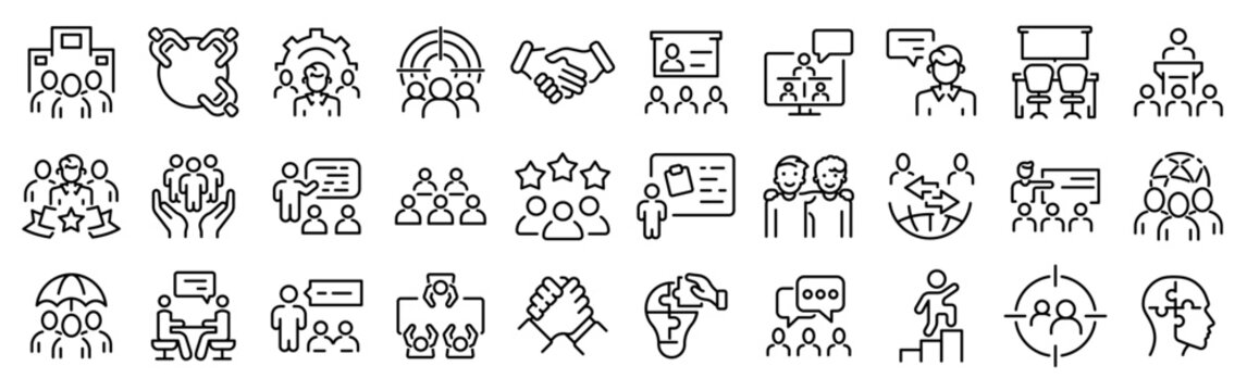 Team Building web line icons. Workshop set. Collaboration, teamwork, coaching.