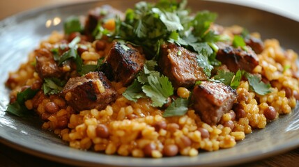 A plate of Puerto Rican arroz con gandules, rice cooked with pigeon peas, pork, and sofrito, garnished with fresh cilantro. Hispanic heritage month tradition