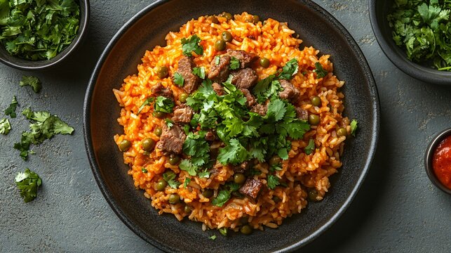 A plate of Puerto Rican arroz con gandules, rice cooked with pigeon peas, pork, and sofrito, garnished with fresh cilantro. Hispanic heritage month tradition