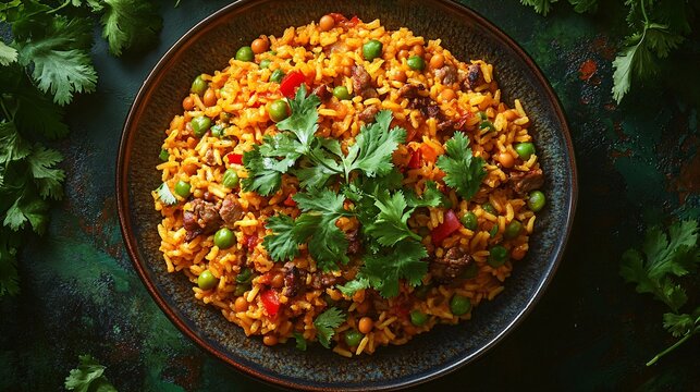 A plate of Puerto Rican arroz con gandules, rice cooked with pigeon peas, pork, and sofrito, garnished with fresh cilantro. Hispanic heritage month tradition