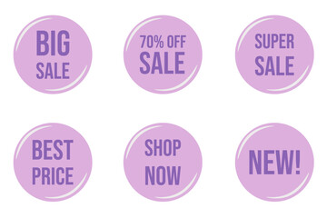 Minimal simple Sale sticker set isolated white background. Pink bubble gum color business badge collection. Vector illustration can used advertising template design. 